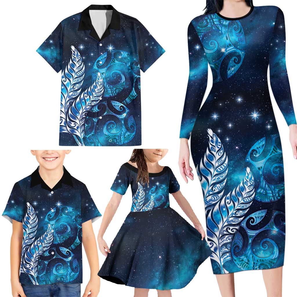 New Zealand Matariki Family Matching Long Sleeve Bodycon Dress and Hawaiian Shirt Maori Koru Mix Silver Fern