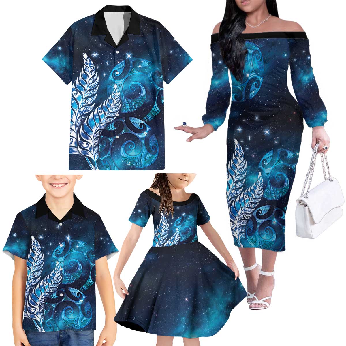 New Zealand Matariki Family Matching Off The Shoulder Long Sleeve Dress and Hawaiian Shirt Maori Koru Mix Silver Fern