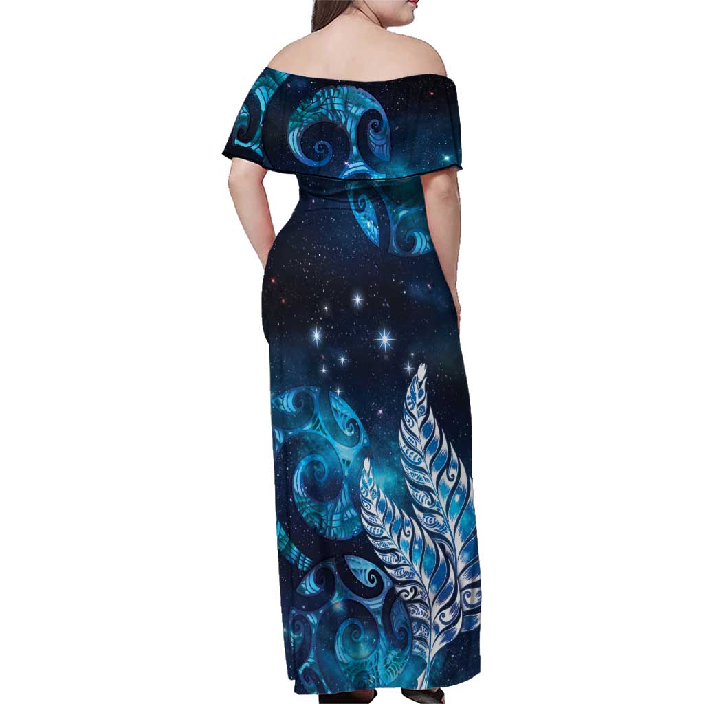 New Zealand Matariki Family Matching Off Shoulder Maxi Dress and Hawaiian Shirt Maori Koru Mix Silver Fern