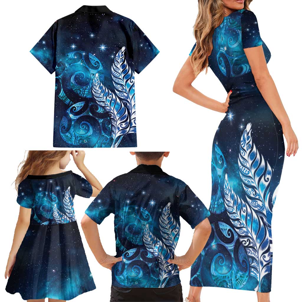 New Zealand Matariki Family Matching Short Sleeve Bodycon Dress and Hawaiian Shirt Maori Koru Mix Silver Fern