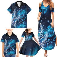 New Zealand Matariki Family Matching Summer Maxi Dress and Hawaiian Shirt Maori Koru Mix Silver Fern
