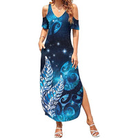 New Zealand Matariki Family Matching Summer Maxi Dress and Hawaiian Shirt Maori Koru Mix Silver Fern