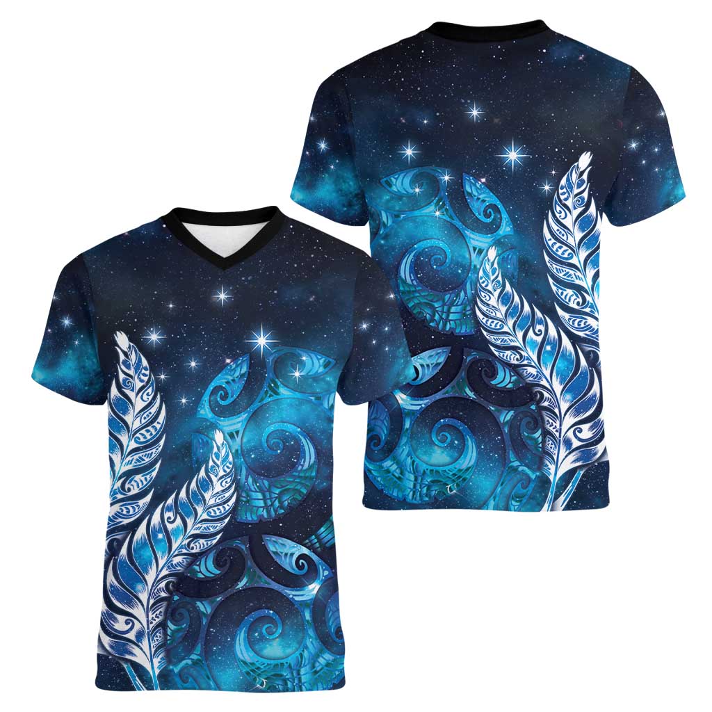 New Zealand Matariki Women V-Neck T-Shirt Maori Koru Mix Silver Fern