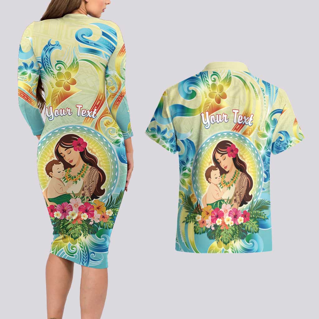 Personalised Hawaii Mother's Day Couples Matching Long Sleeve Bodycon Dress and Hawaiian Shirt I Love You Mom