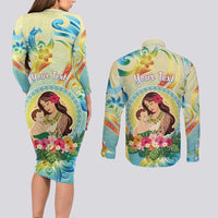 Personalised Hawaii Mother's Day Couples Matching Long Sleeve Bodycon Dress and Long Sleeve Button Shirt I Love You Mom