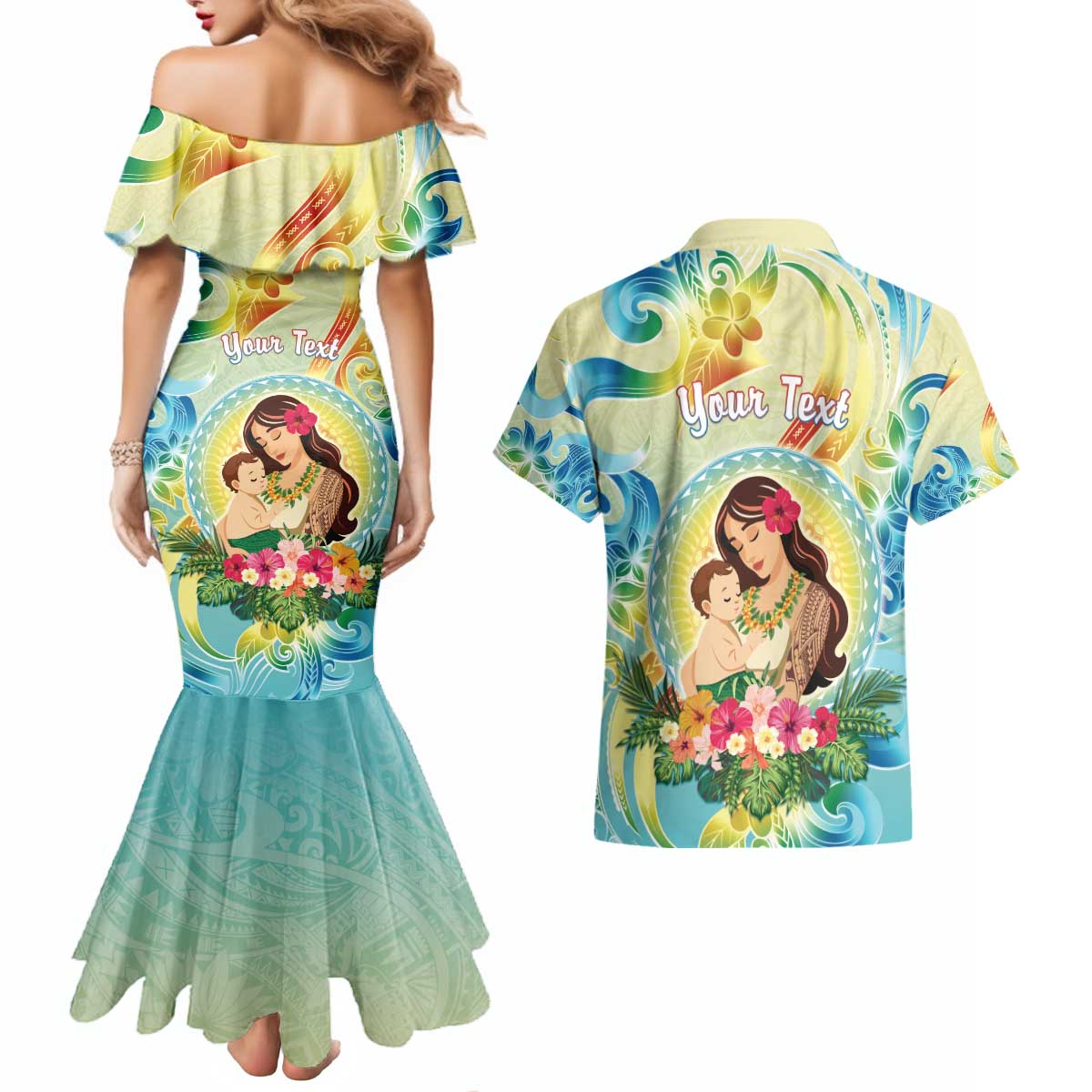 Personalised Hawaii Mother's Day Couples Matching Mermaid Dress and Hawaiian Shirt I Love You Mom