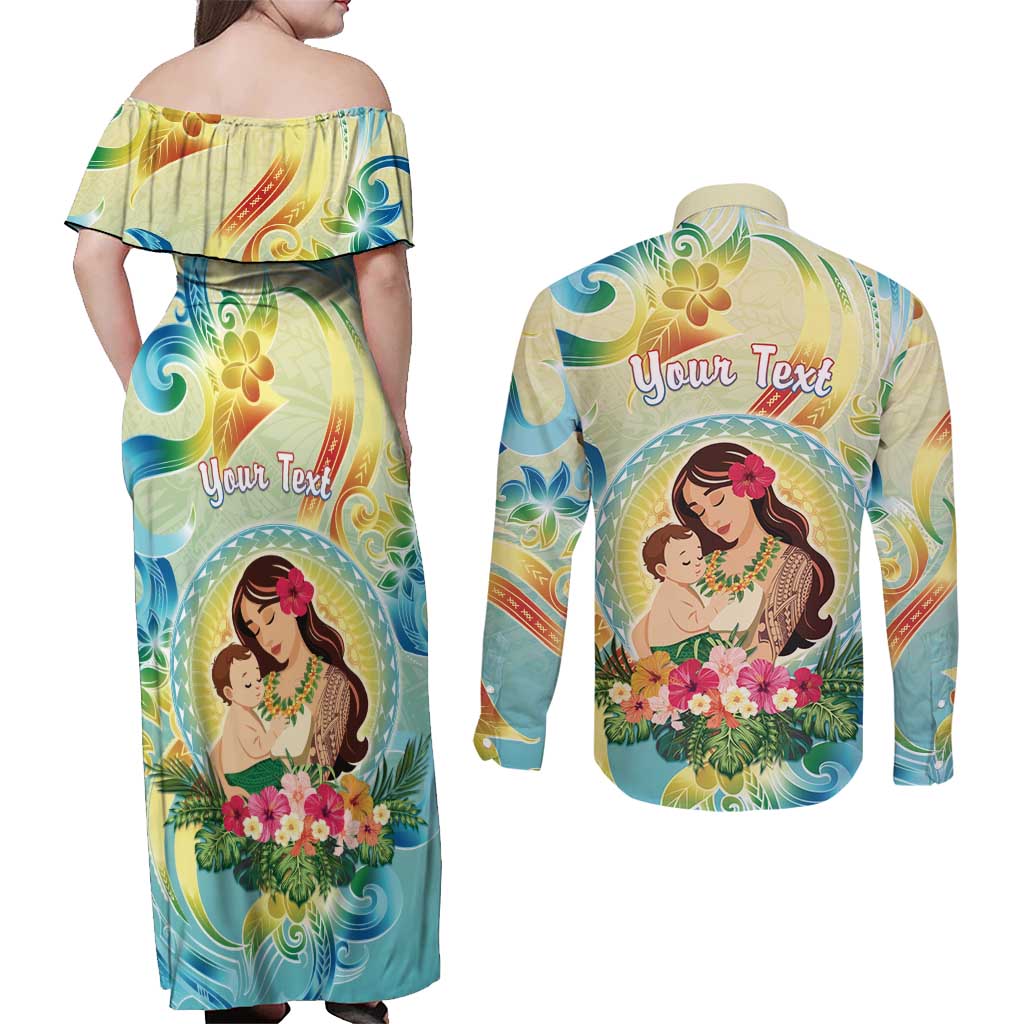 Personalised Hawaii Mother's Day Couples Matching Off Shoulder Maxi Dress and Long Sleeve Button Shirt I Love You Mom