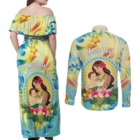 Personalised Hawaii Mother's Day Couples Matching Off Shoulder Maxi Dress and Long Sleeve Button Shirt I Love You Mom
