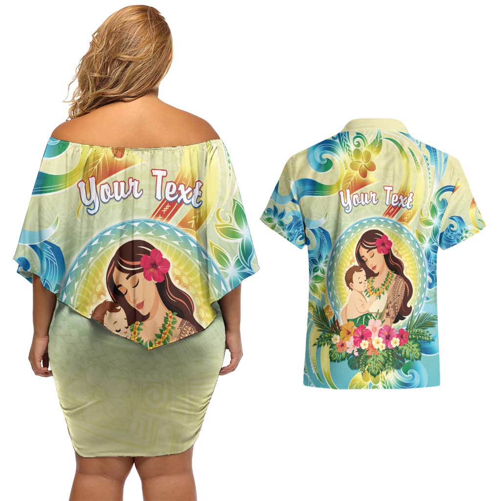Personalised Hawaii Mother's Day Couples Matching Off Shoulder Short Dress and Hawaiian Shirt I Love You Mom