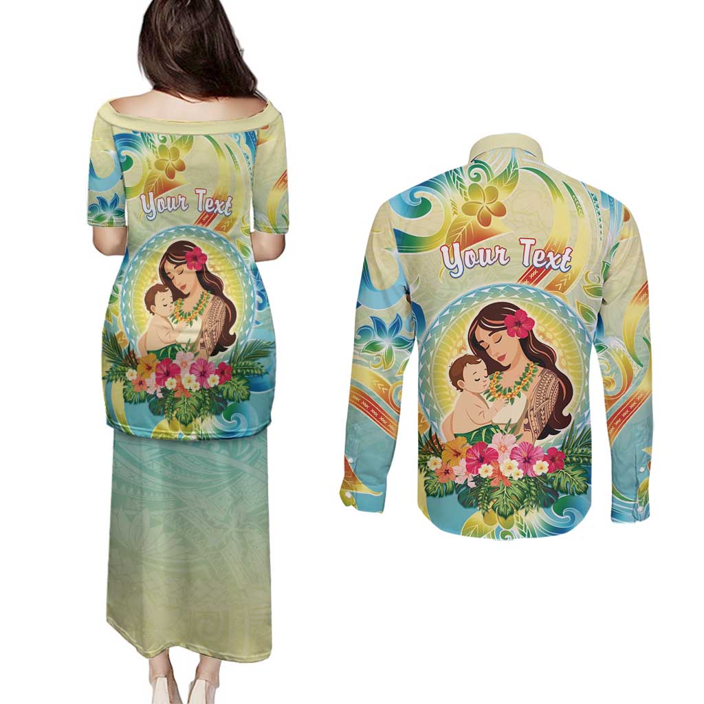 Personalised Hawaii Mother's Day Couples Matching Puletasi and Long Sleeve Button Shirt I Love You Mom