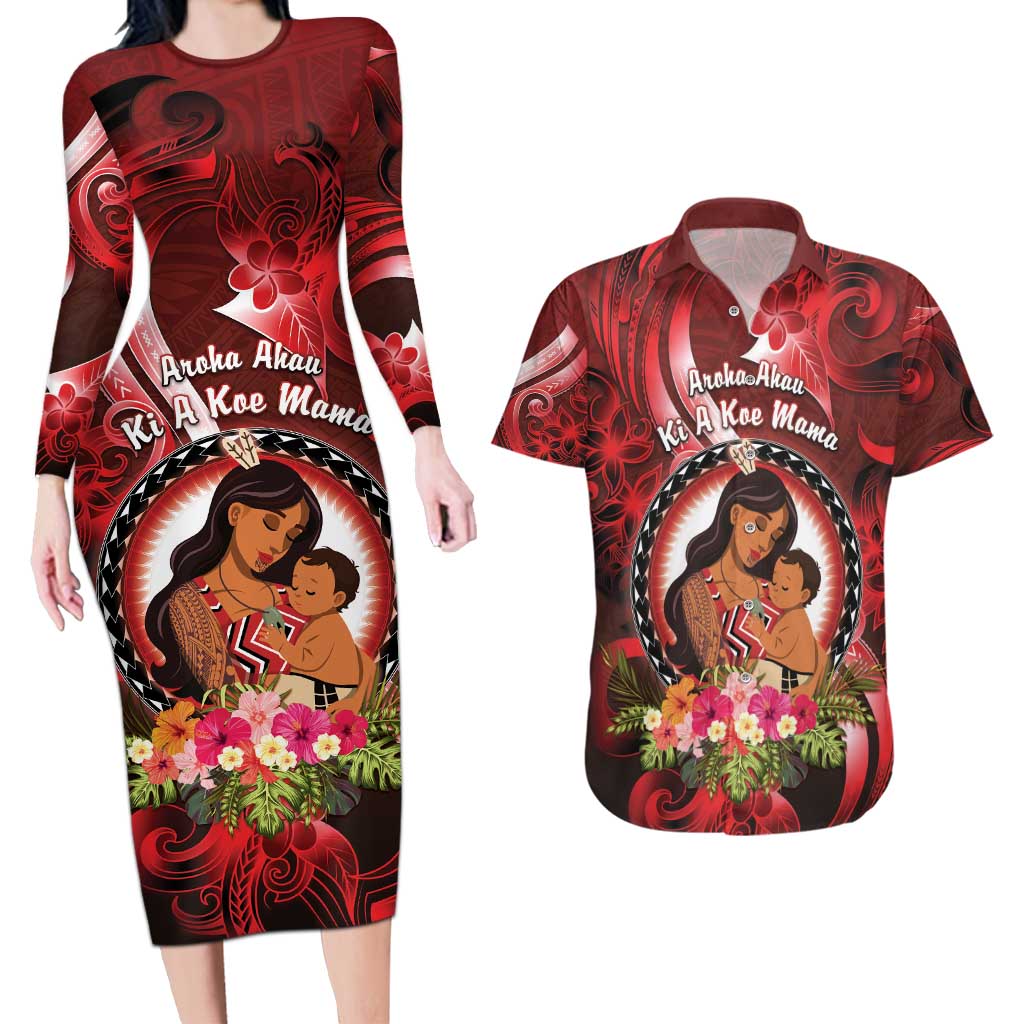 Personalised New Zealand Mother's Day Couples Matching Long Sleeve Bodycon Dress and Hawaiian Shirt I Love You Mom