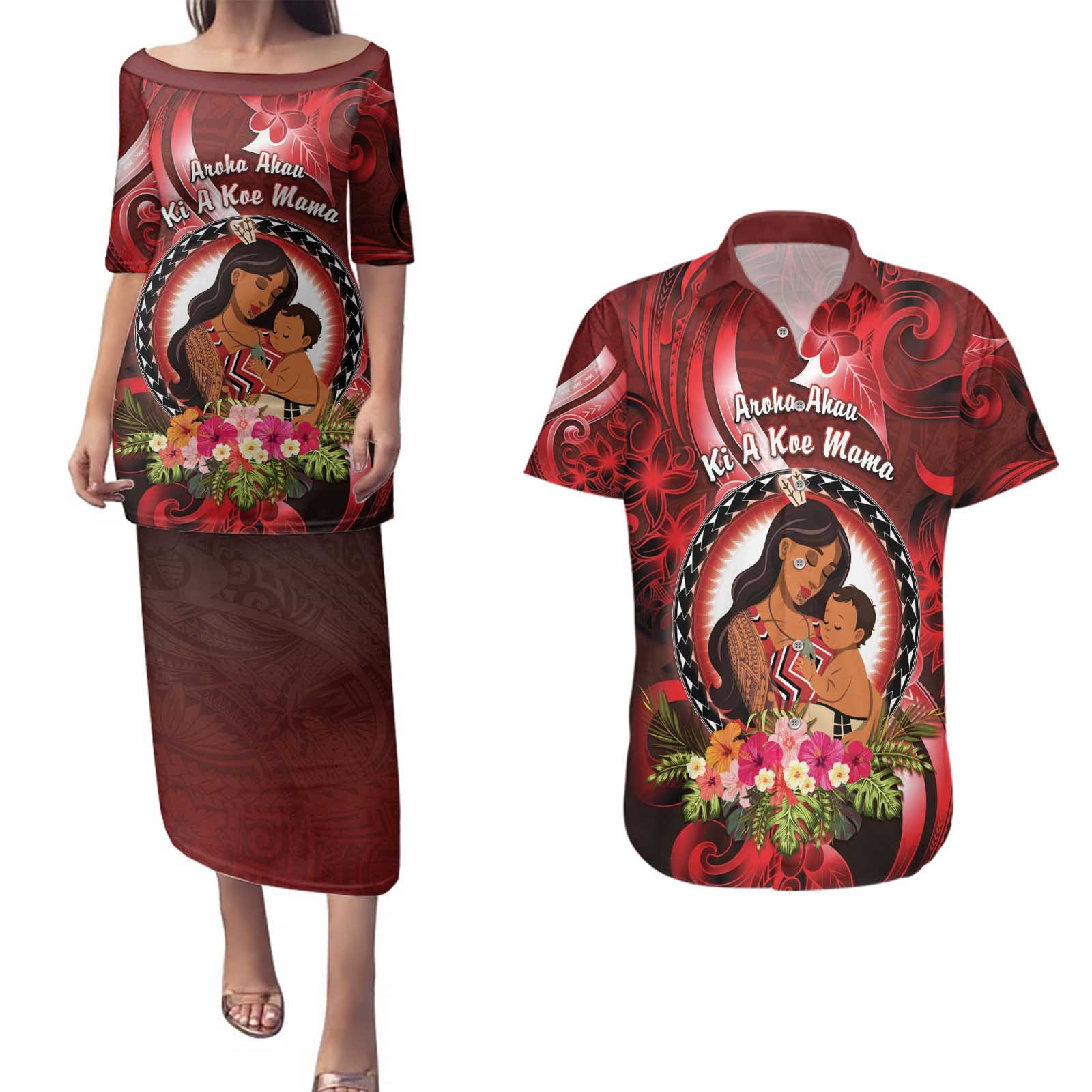 Personalised New Zealand Mother's Day Couples Matching Puletasi and Hawaiian Shirt I Love You Mom