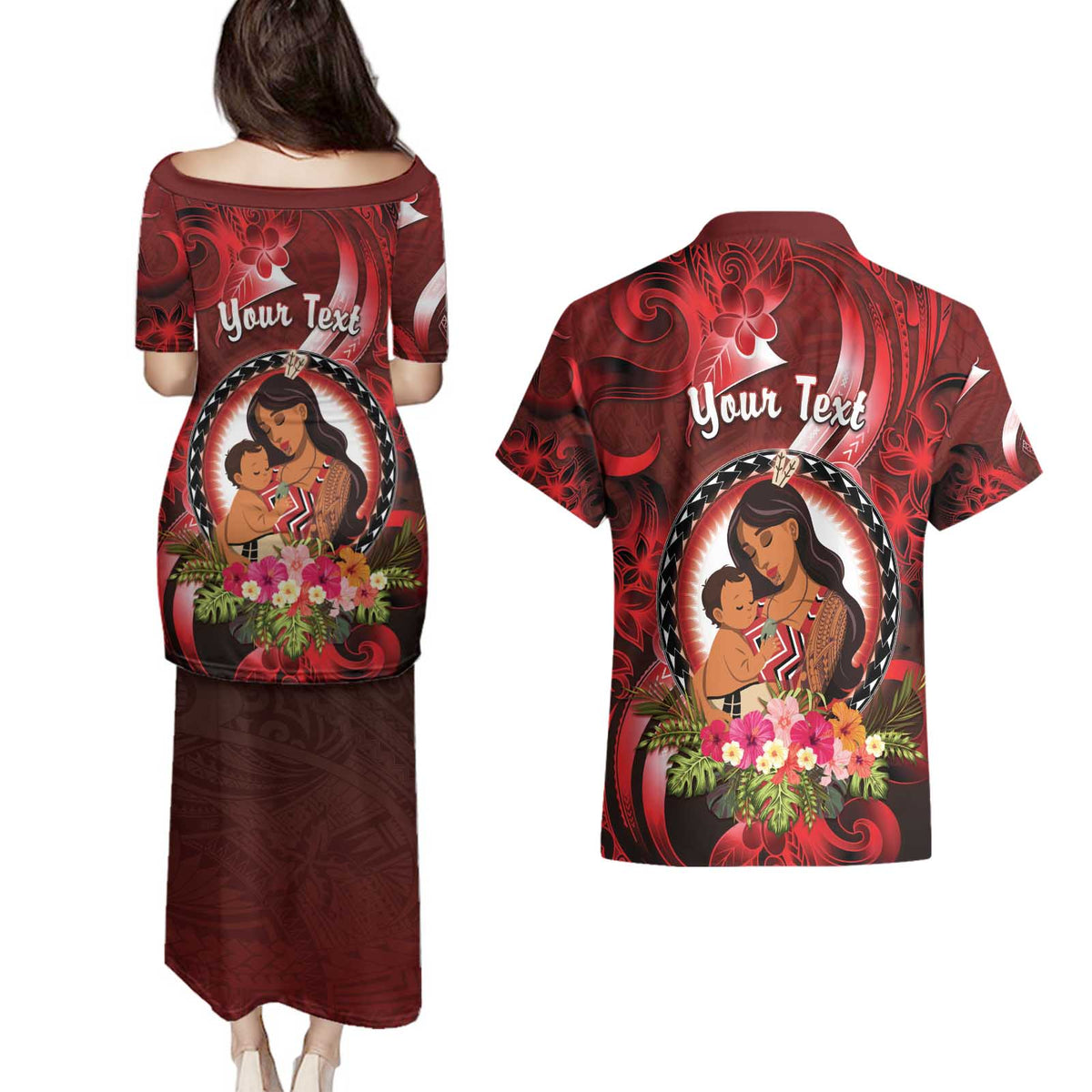 Personalised New Zealand Mother's Day Couples Matching Puletasi and Hawaiian Shirt I Love You Mom