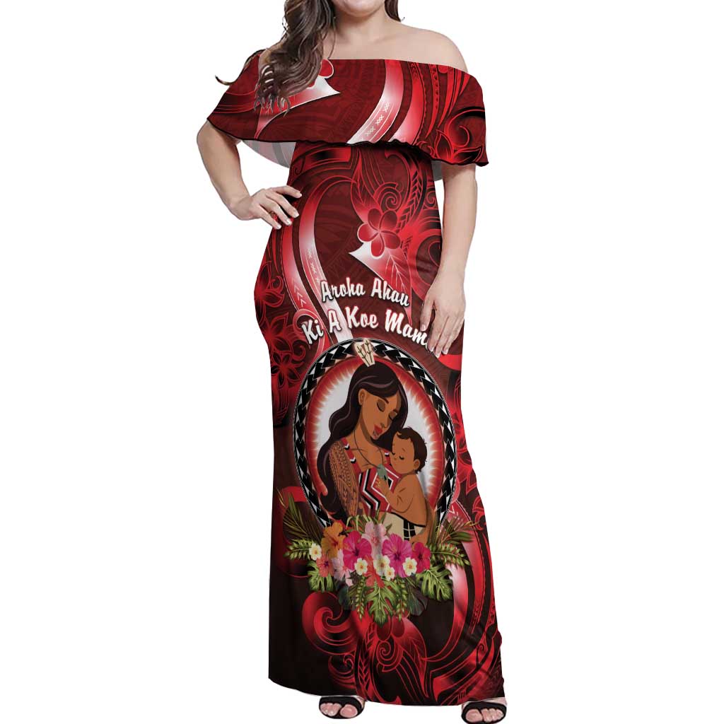 Personalised New Zealand Mother's Day Off Shoulder Maxi Dress I Love You Mom DT04 Women Red - Polynesian Pride
