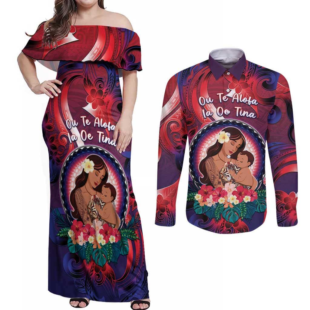 Personalised Samoa Mother's Day Couples Matching Off Shoulder Maxi Dress and Long Sleeve Button Shirt I Love You Mom