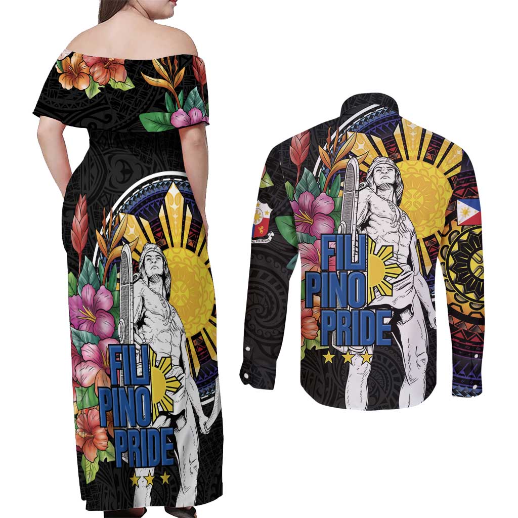 Filipinos Lapu-Lapu Hero Philippines Couples Matching Off Shoulder Maxi Dress and Long Sleeve Button Shirt Hibiscus Flowers Style
