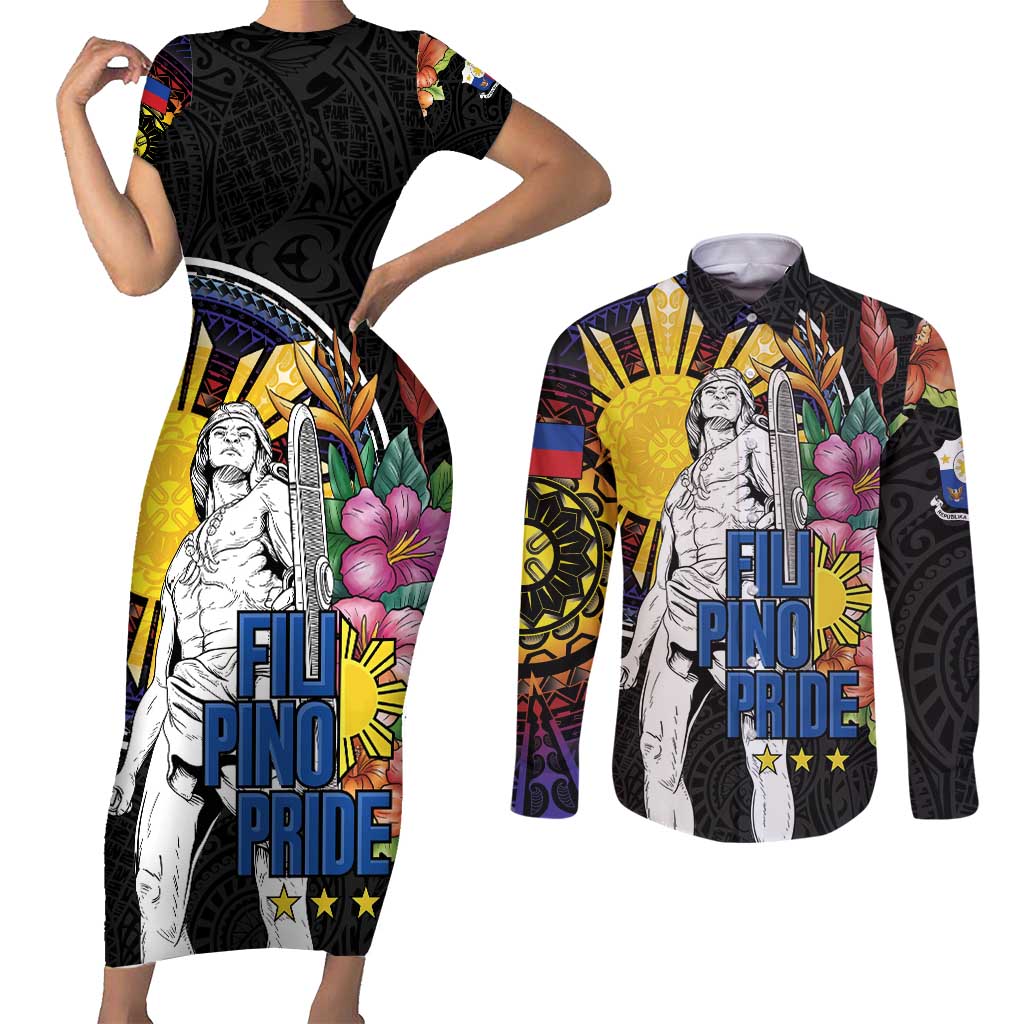 Filipinos Lapu-Lapu Hero Philippines Couples Matching Short Sleeve Bodycon Dress and Long Sleeve Button Shirt Hibiscus Flowers Style