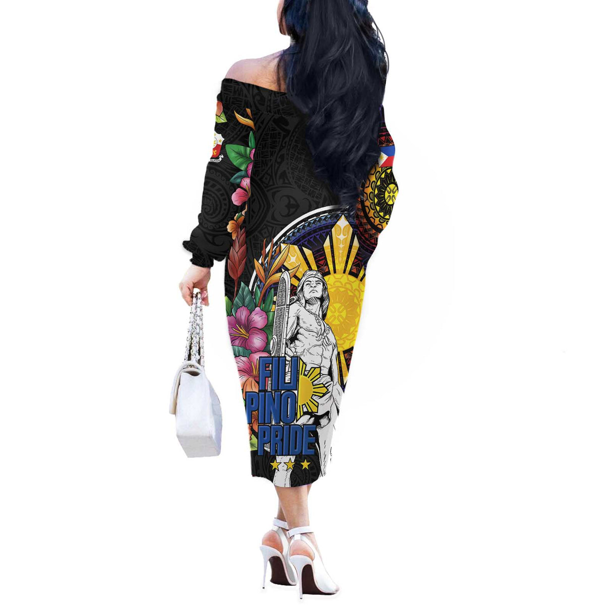 Filipinos Lapu-Lapu Hero Philippines Off The Shoulder Long Sleeve Dress Hibiscus Flowers Style