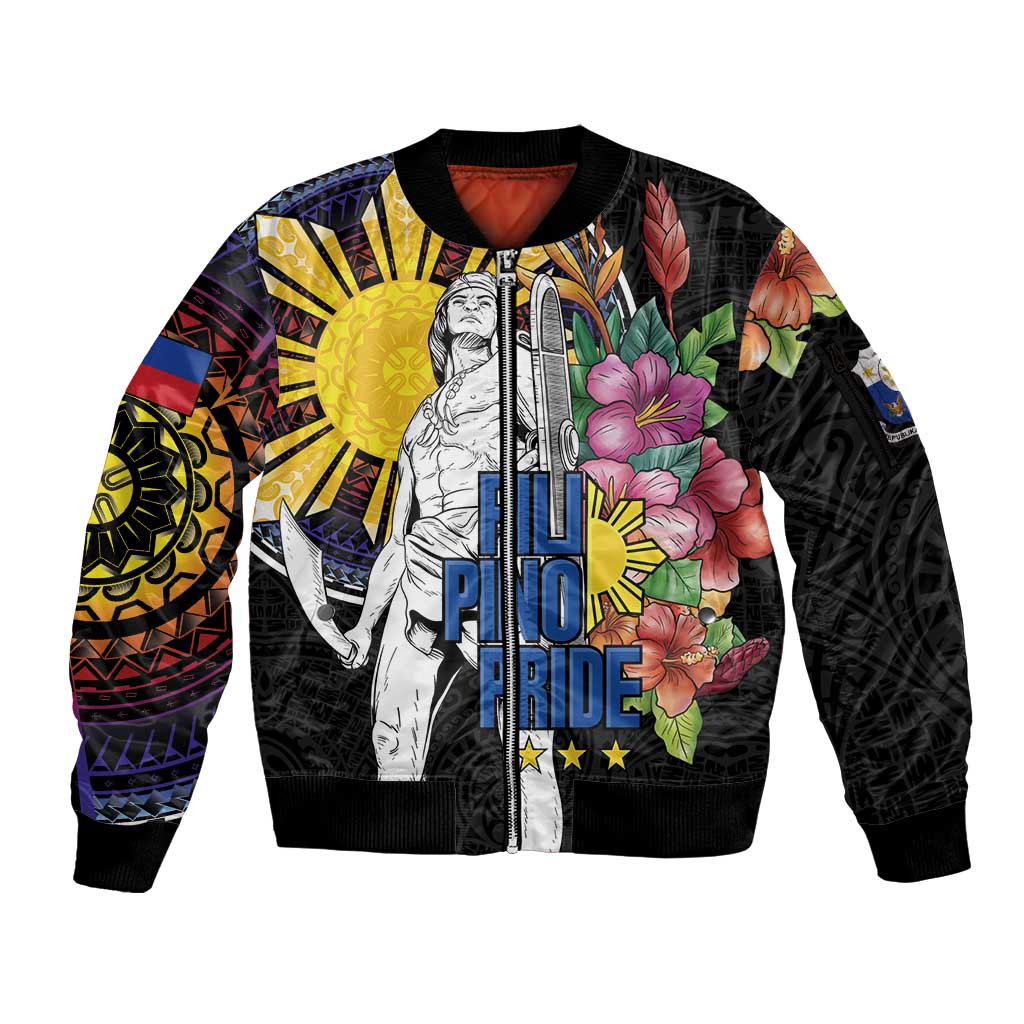 Filipinos Lapu-Lapu Hero Philippines Sleeve Zip Bomber Jacket Hibiscus Flowers Style
