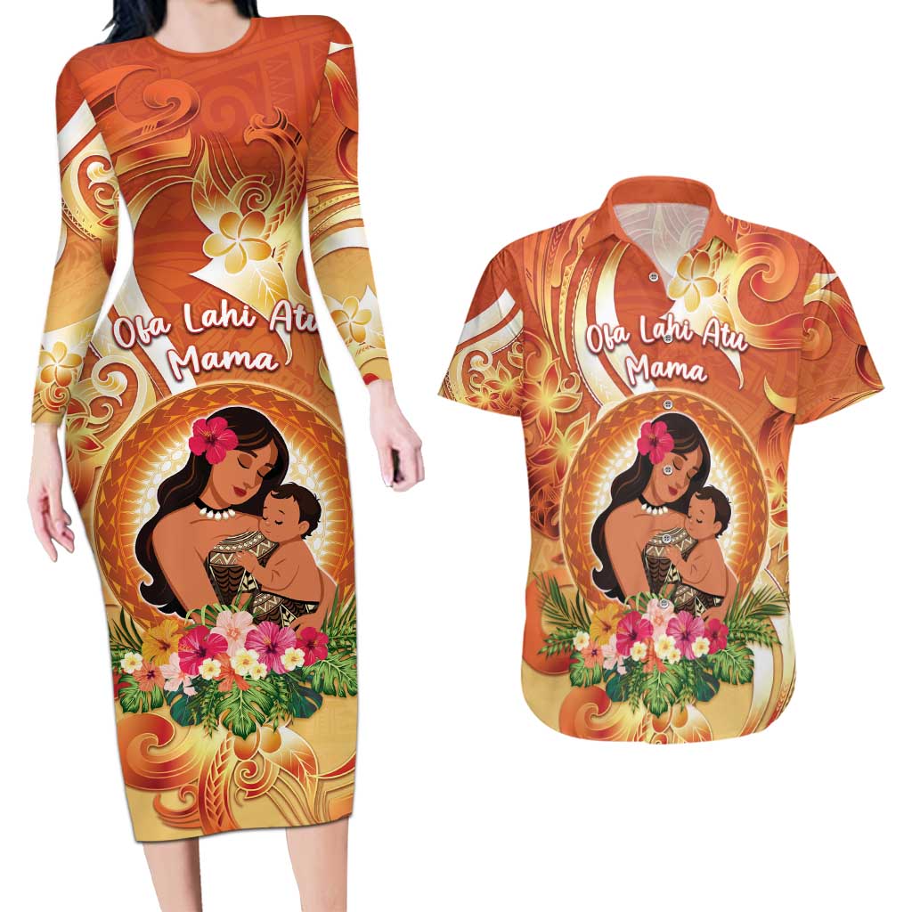 Personalised Tonga Mother's Day Couples Matching Long Sleeve Bodycon Dress and Hawaiian Shirt I Love You Mom