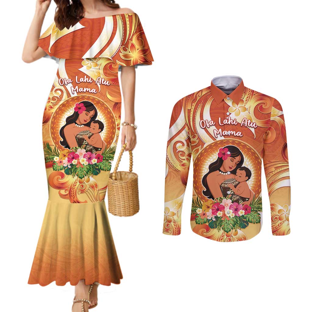 Personalised Tonga Mother's Day Couples Matching Mermaid Dress and Long Sleeve Button Shirt I Love You Mom DT04 Orange - Polynesian Pride