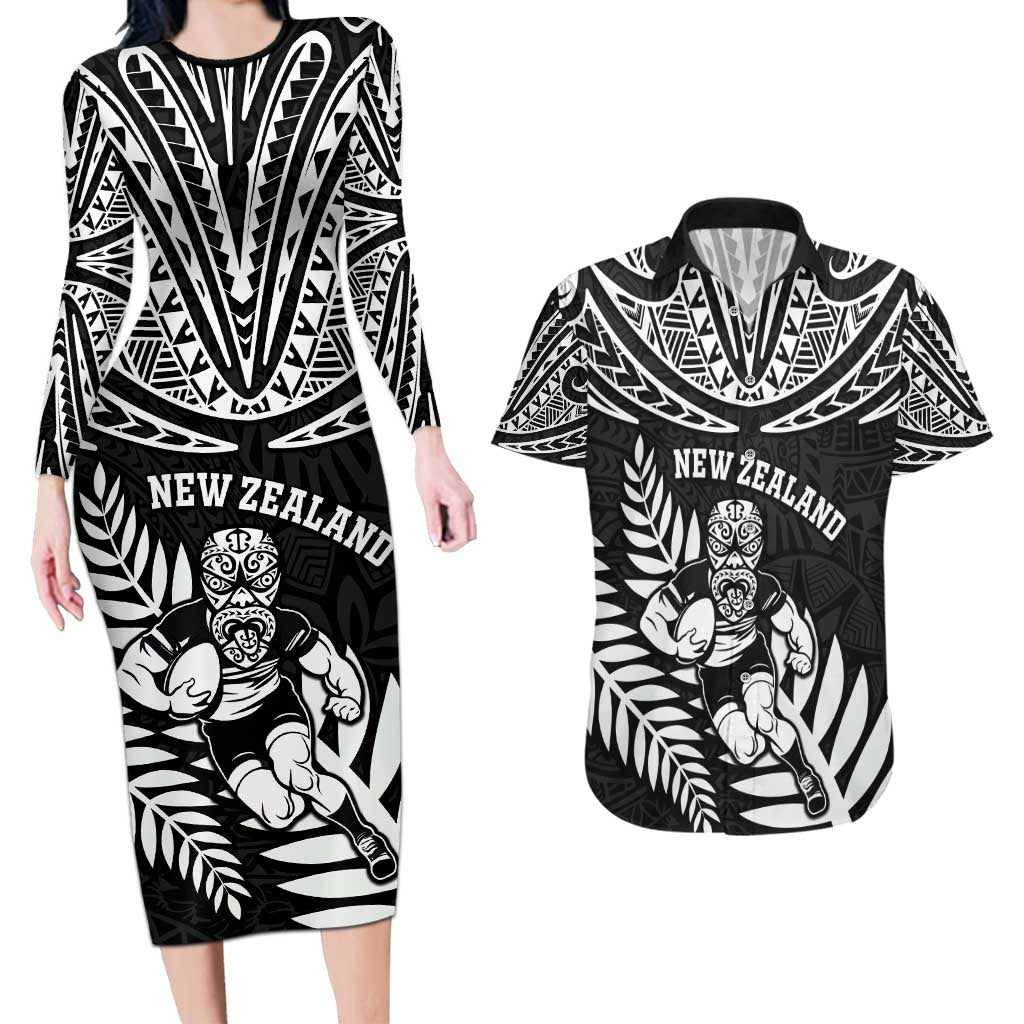 Custom New Zealand Rugby Couples Matching Long Sleeve Bodycon Dress and Hawaiian Shirt Silver Fern Maori Pattern