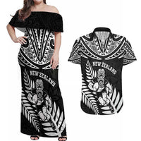 Custom New Zealand Rugby Couples Matching Off Shoulder Maxi Dress and Hawaiian Shirt Silver Fern Maori Pattern