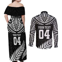 Custom New Zealand Rugby Couples Matching Off Shoulder Maxi Dress and Long Sleeve Button Shirt Silver Fern Maori Pattern