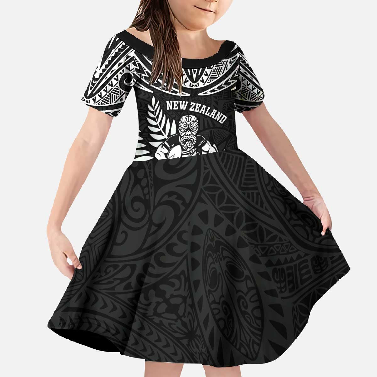 Custom New Zealand Rugby Family Matching Off The Shoulder Long Sleeve Dress and Hawaiian Shirt Silver Fern Maori Pattern