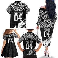 Custom New Zealand Rugby Family Matching Off The Shoulder Long Sleeve Dress and Hawaiian Shirt Silver Fern Maori Pattern