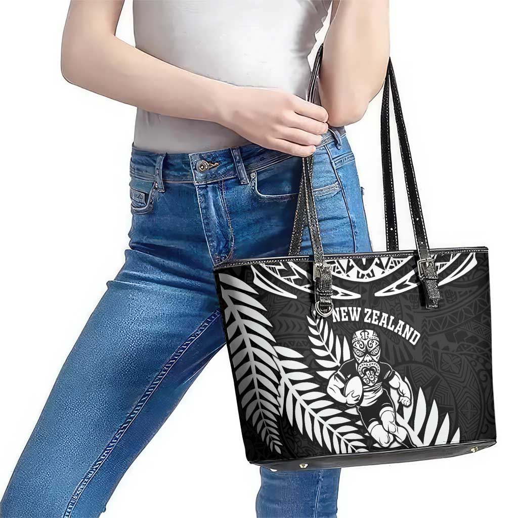 New Zealand Rugby Leather Tote Bag Silver Fern Maori Pattern