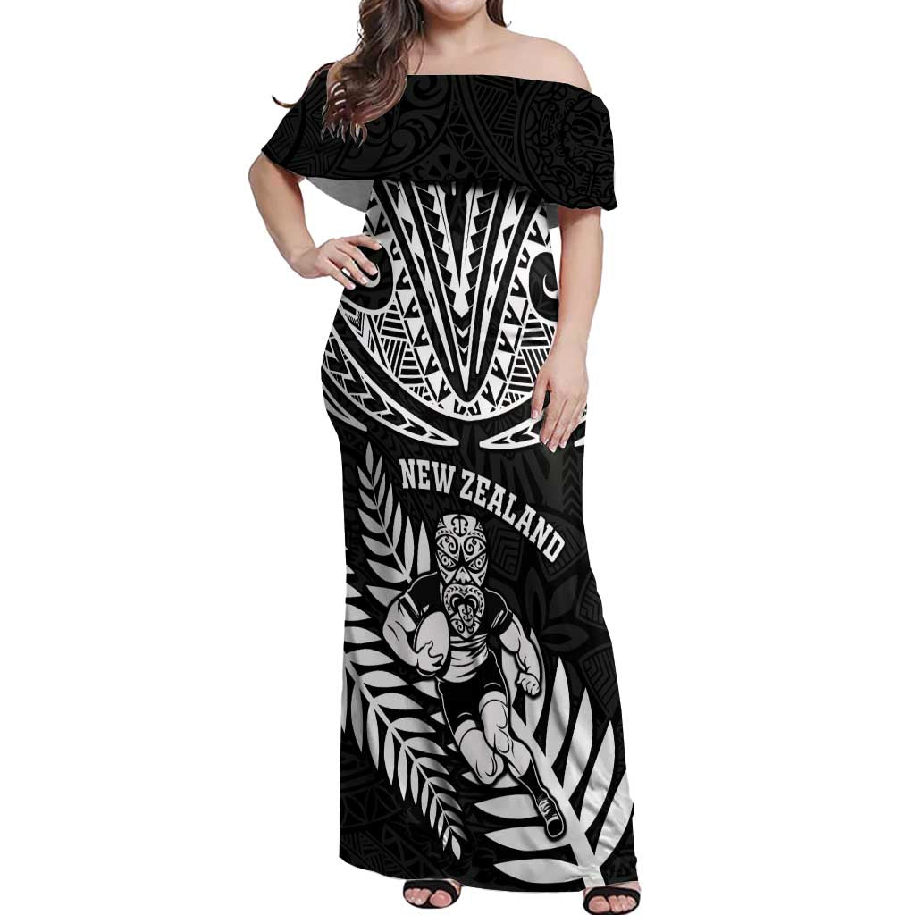 Custom New Zealand Rugby Off Shoulder Maxi Dress Silver Fern Maori Pattern