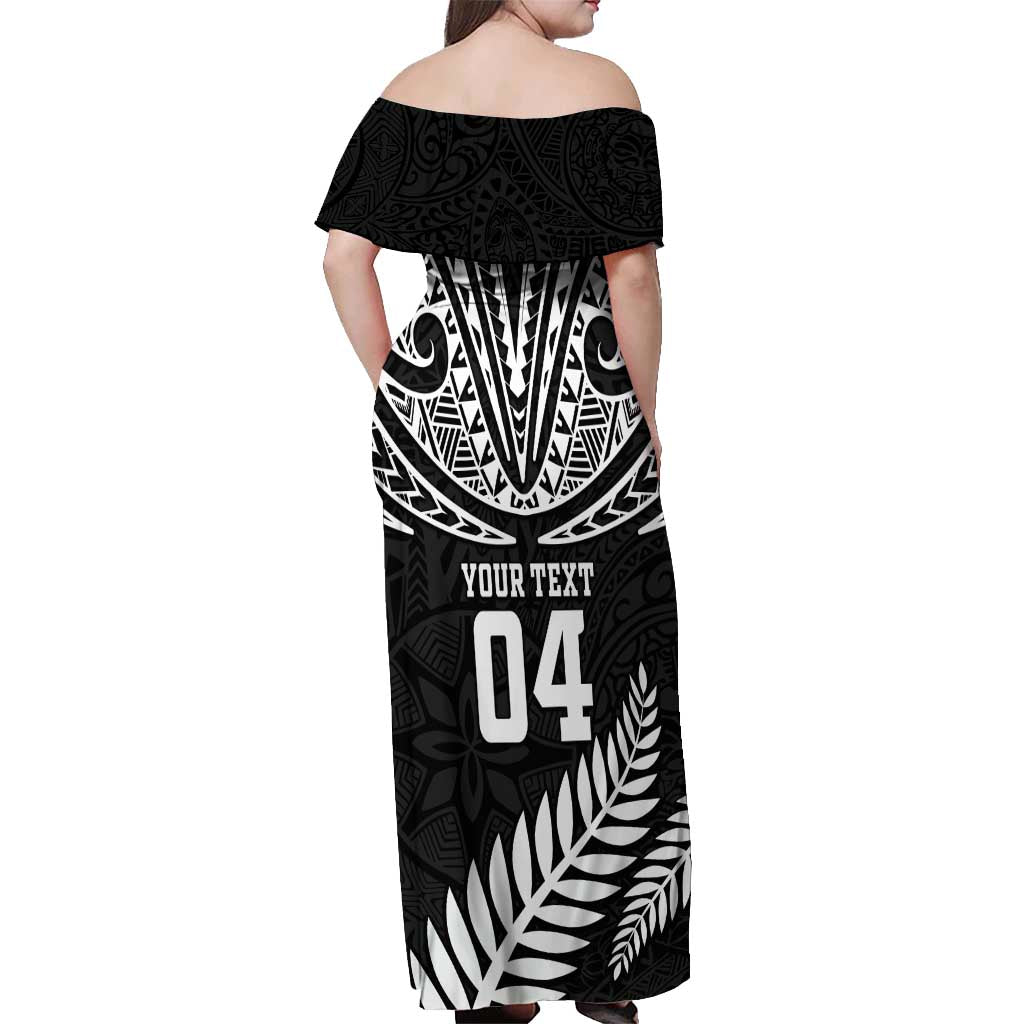 Custom New Zealand Rugby Off Shoulder Maxi Dress Silver Fern Maori Pattern