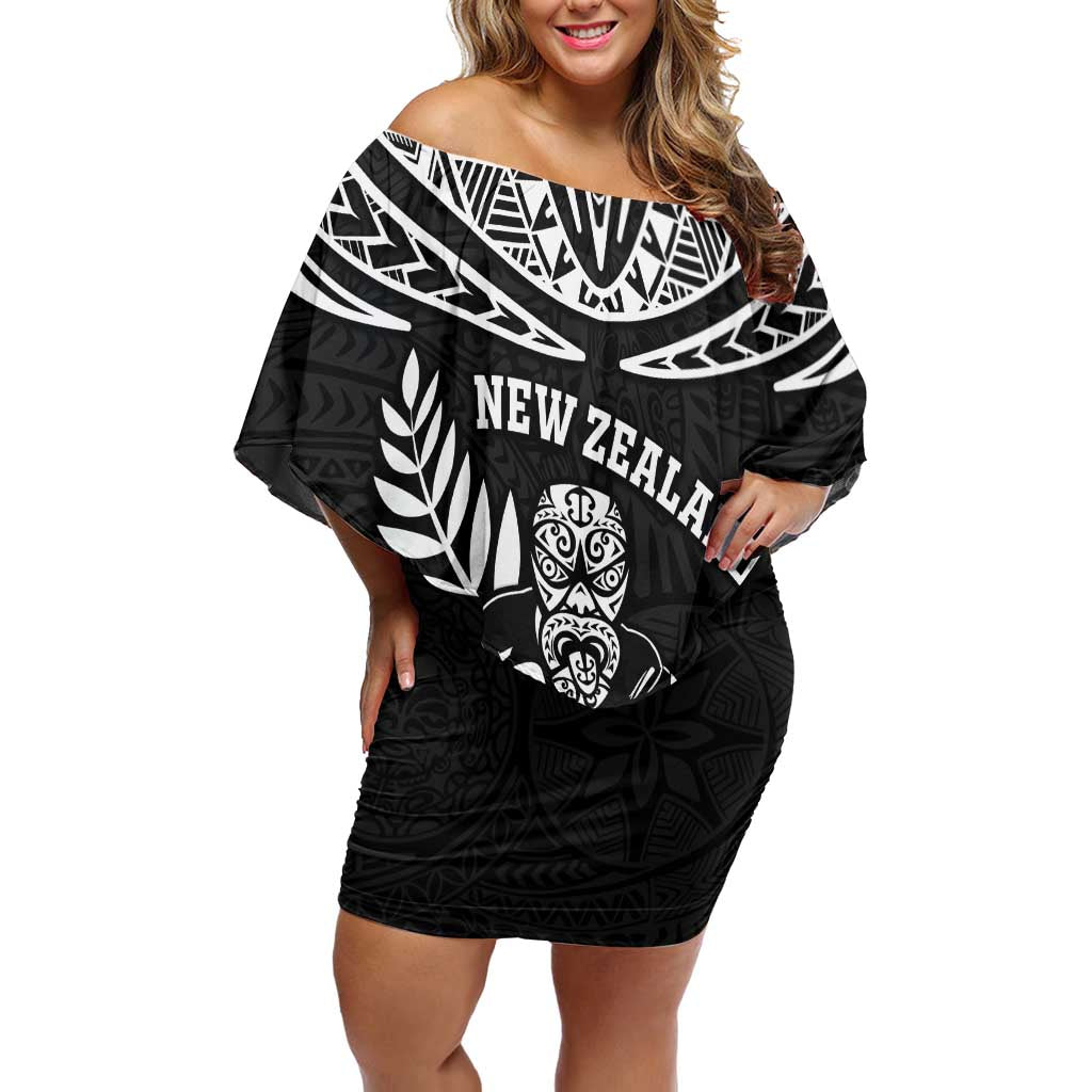 Custom New Zealand Rugby Off Shoulder Short Dress Silver Fern Maori Pattern