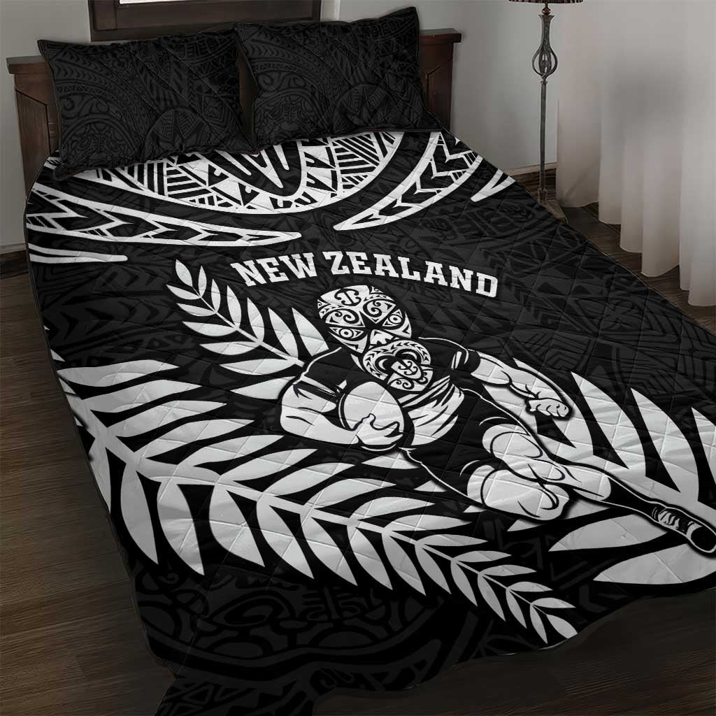 New Zealand Rugby Quilt Bed Set Silver Fern Maori Pattern