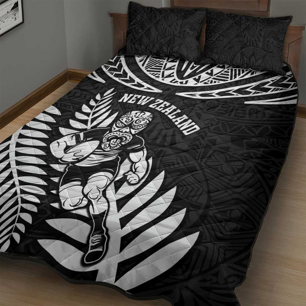 New Zealand Rugby Quilt Bed Set Silver Fern Maori Pattern