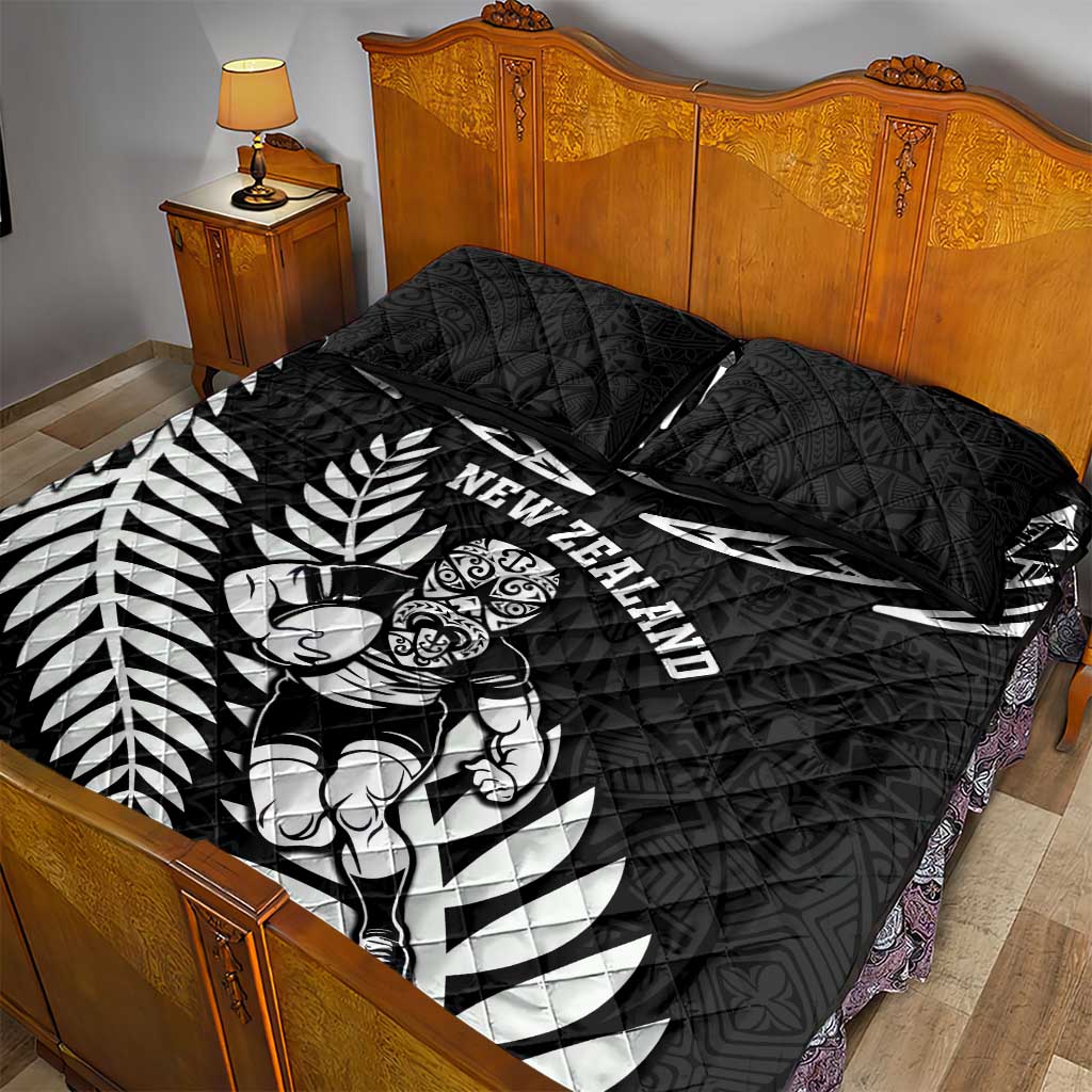 New Zealand Rugby Quilt Bed Set Silver Fern Maori Pattern