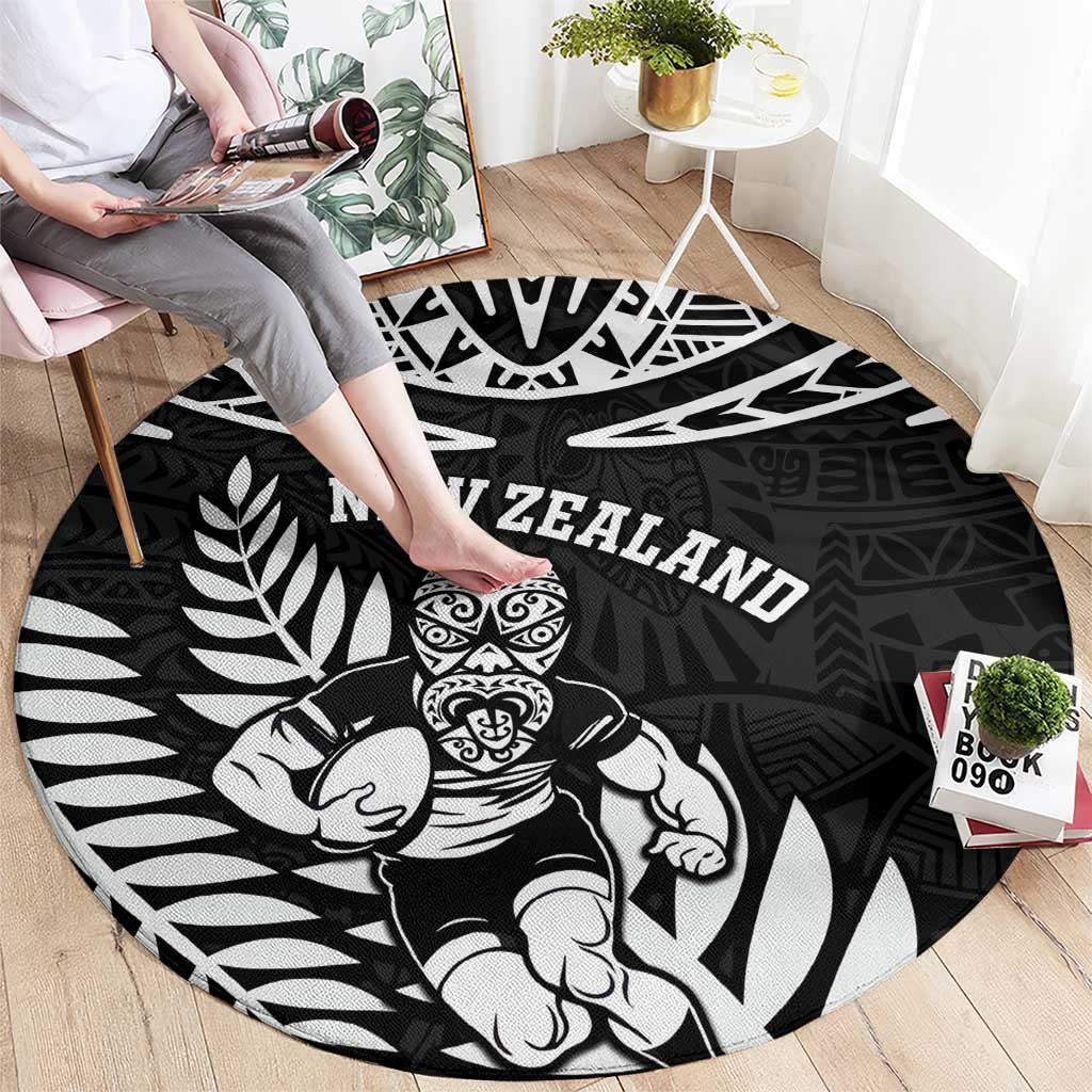 New Zealand Rugby Round Carpet Silver Fern Maori Pattern