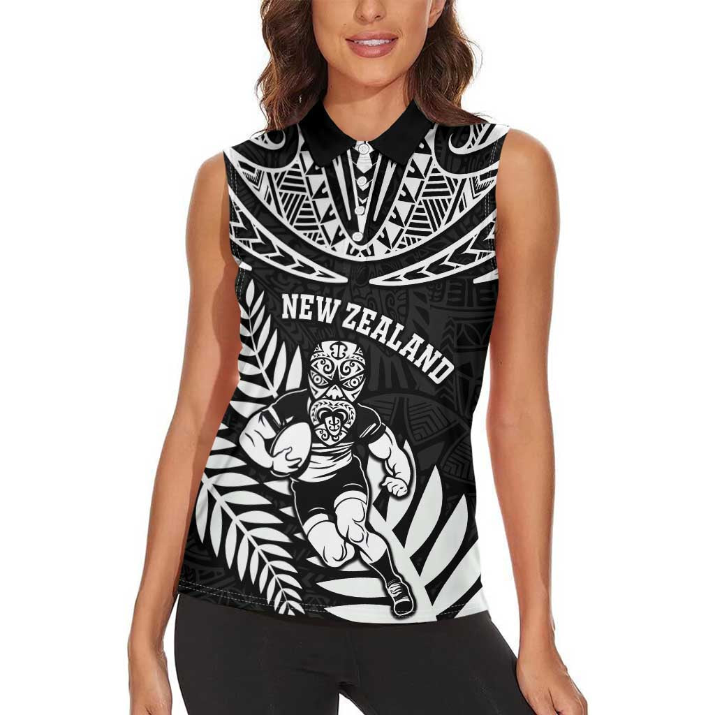 Custom New Zealand Rugby Women Sleeveless Polo Shirt Silver Fern Maori Pattern