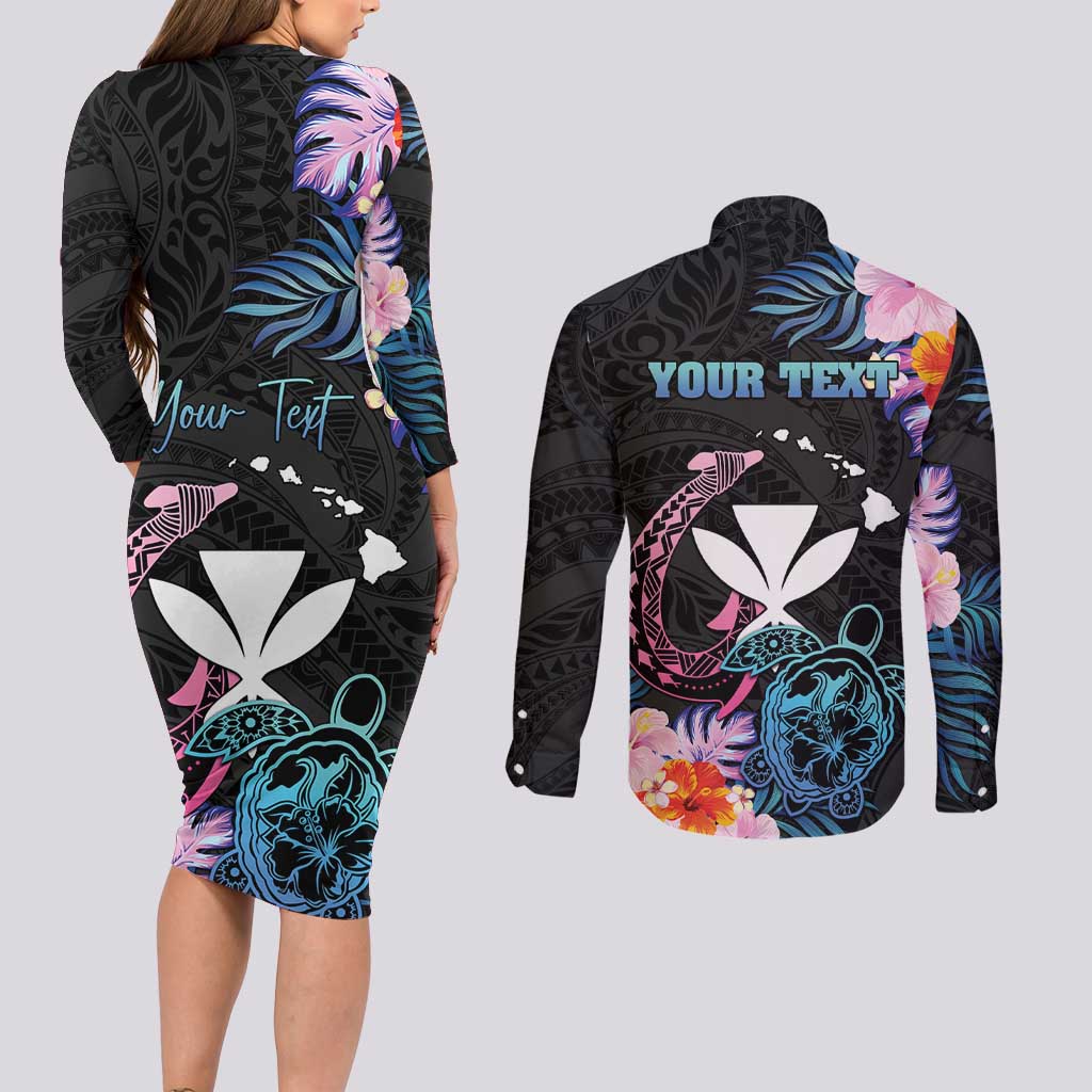 Personalised Hawaii Couples Matching Long Sleeve Bodycon Dress and Long Sleeve Button Shirt Kanaka Maoli With Fish Hook