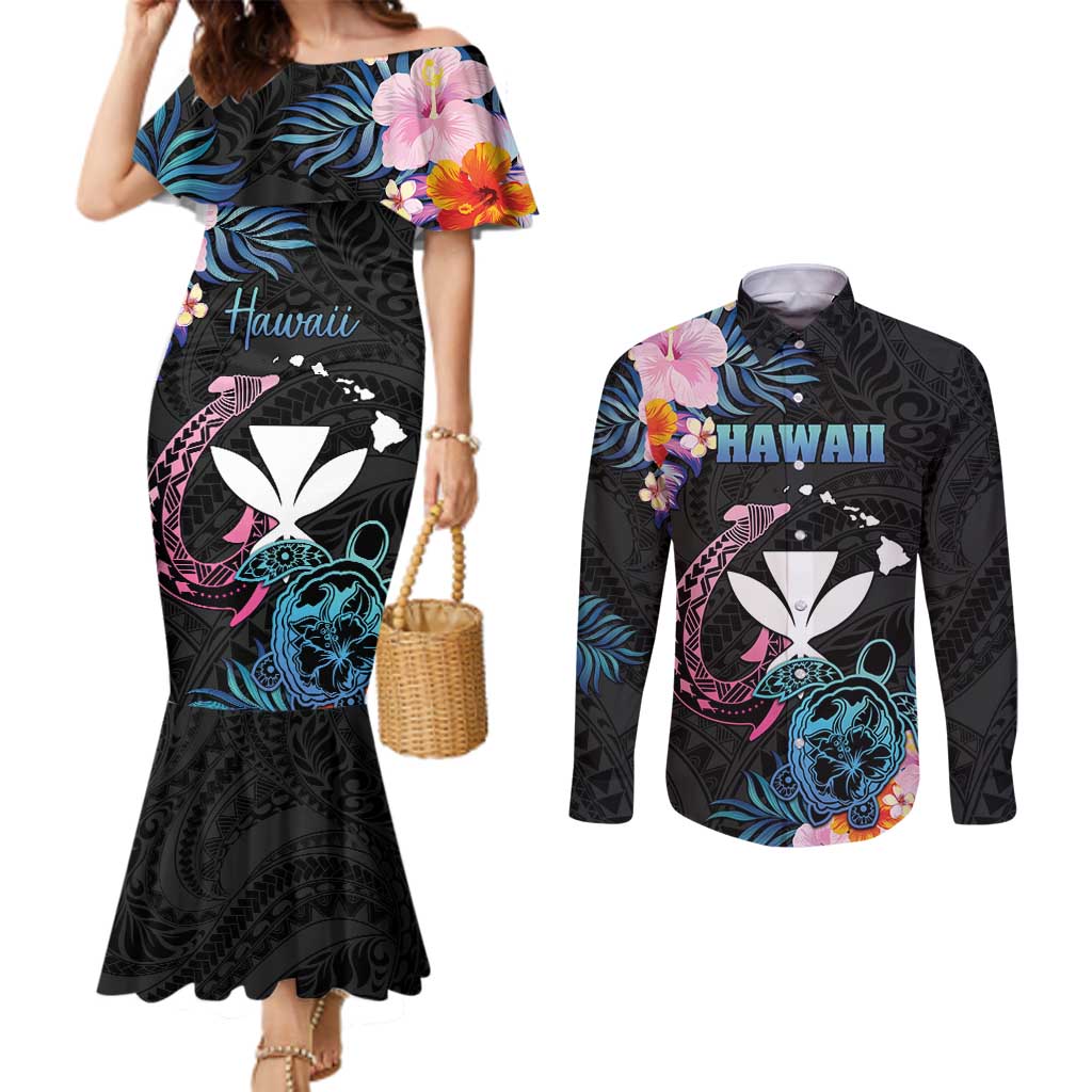 Personalised Hawaii Couples Matching Mermaid Dress and Long Sleeve Button Shirt Kanaka Maoli With Fish Hook
