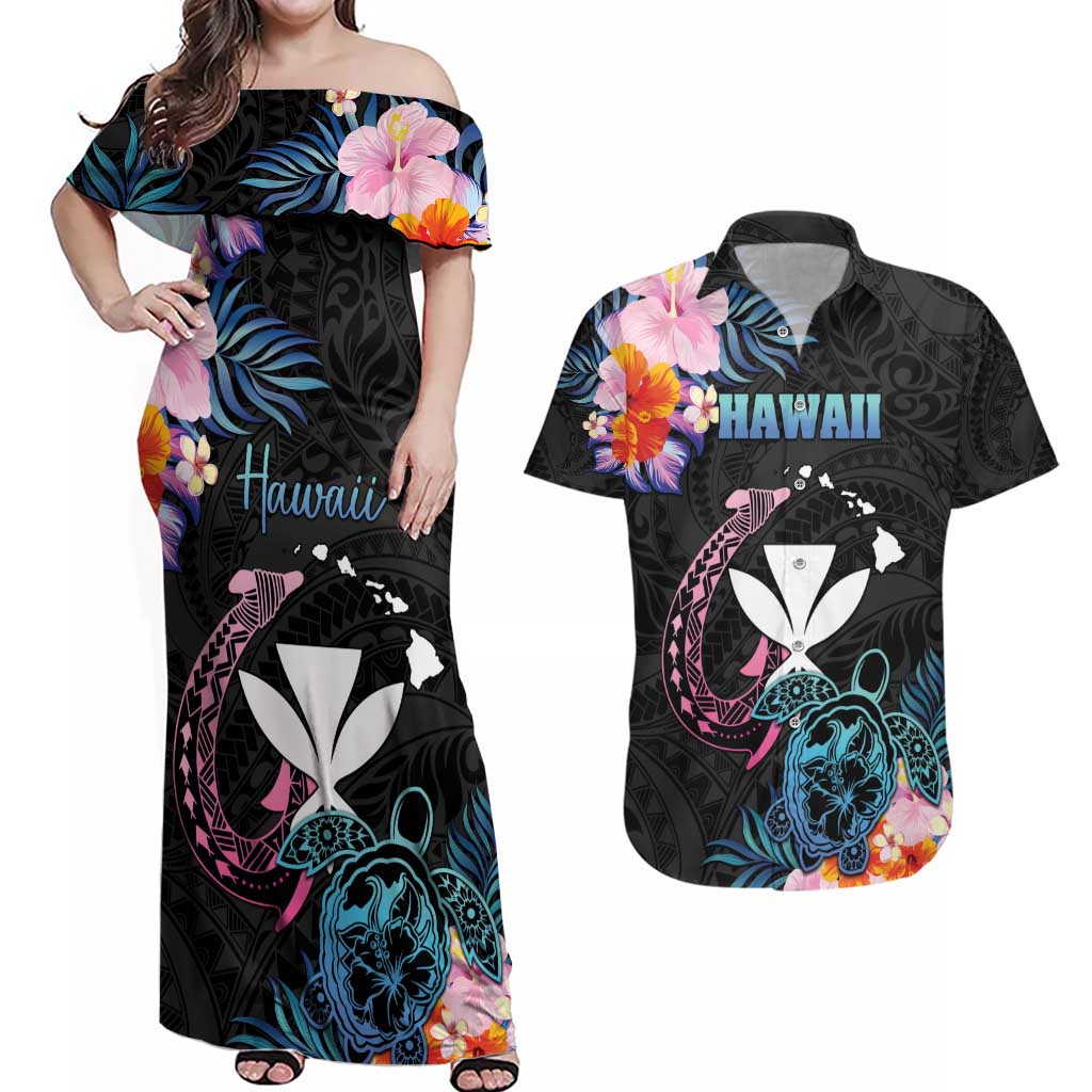 Personalised Hawaii Couples Matching Off Shoulder Maxi Dress and Hawaiian Shirt Kanaka Maoli With Fish Hook