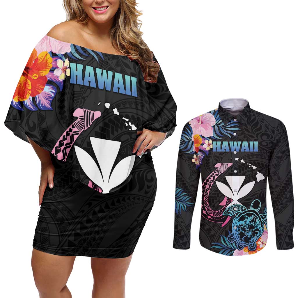 Personalised Hawaii Couples Matching Off Shoulder Short Dress and Long Sleeve Button Shirt Kanaka Maoli With Fish Hook
