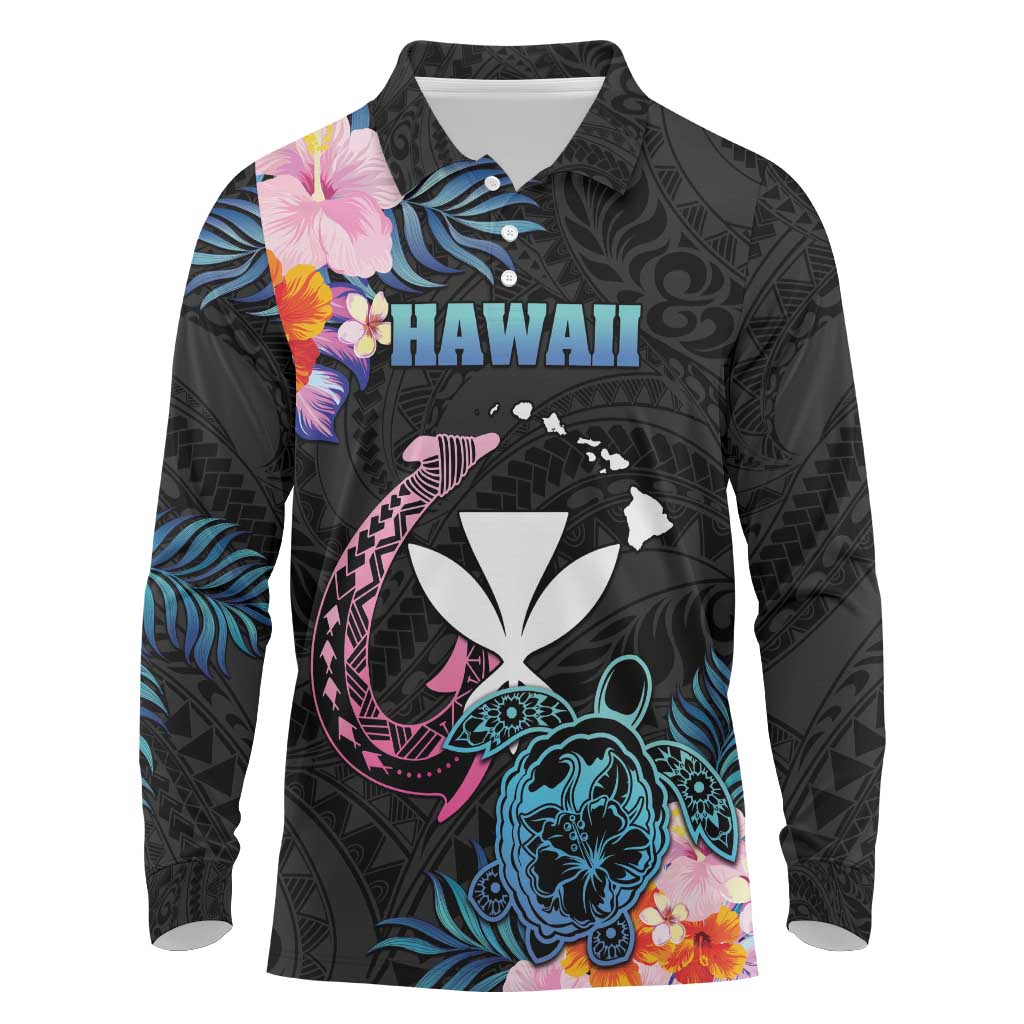 Personalised Hawaii Long Sleeve Polo Shirt Kanaka Maoli With Fish Hook