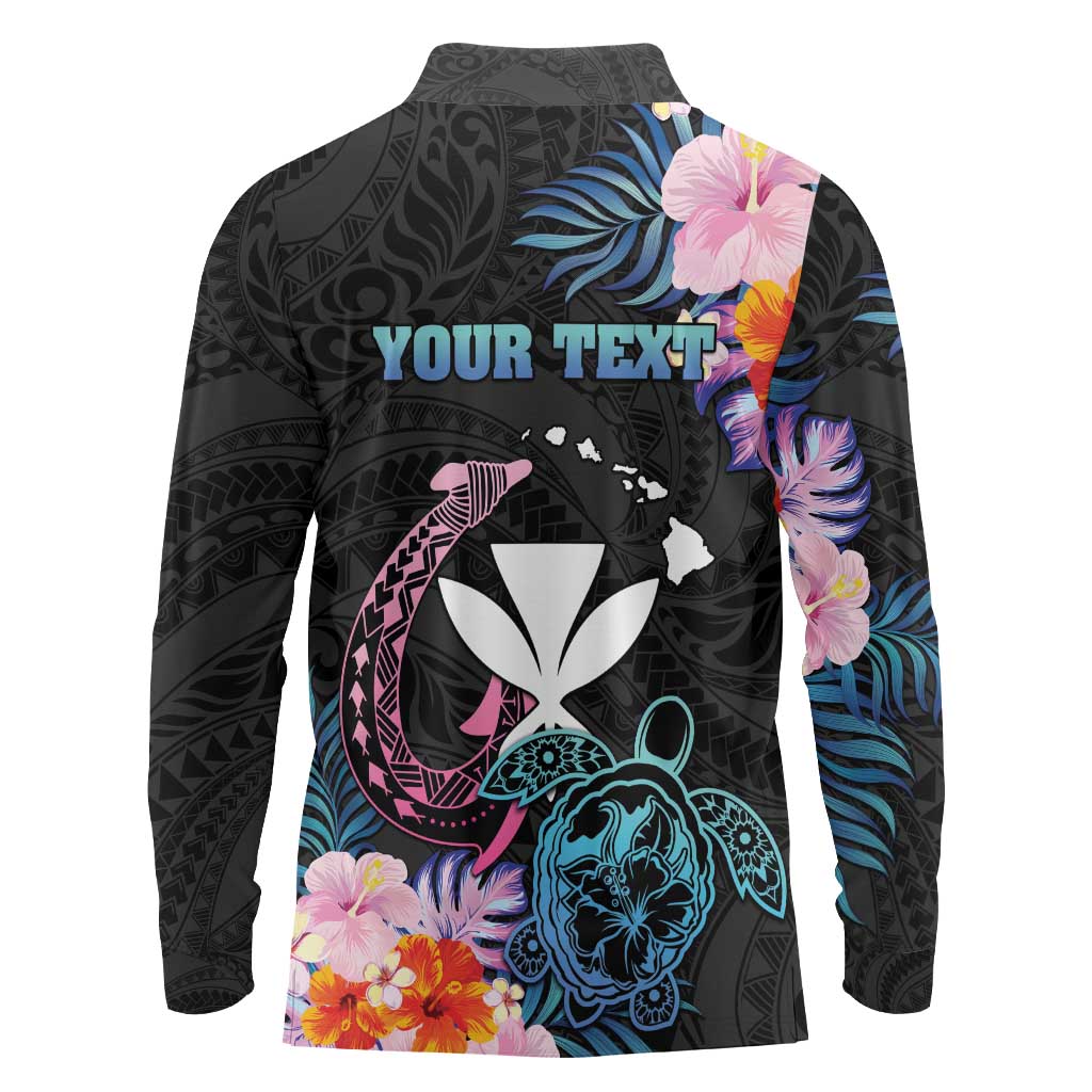 Personalised Hawaii Long Sleeve Polo Shirt Kanaka Maoli With Fish Hook