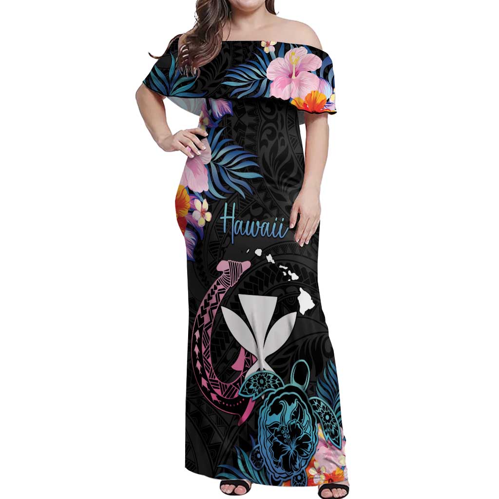 Personalised Hawaii Off Shoulder Maxi Dress Kanaka Maoli With Fish Hook