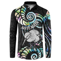 New Zealand Kiwi Bird Button Sweatshirt Silver Fern Koru Paua Shell