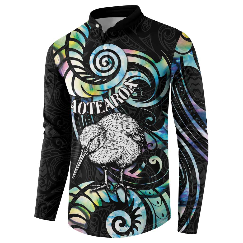 New Zealand Kiwi Bird Button Sweatshirt Silver Fern Koru Paua Shell