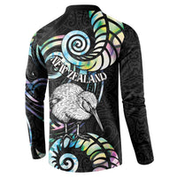 New Zealand Kiwi Bird Button Sweatshirt Silver Fern Koru Paua Shell