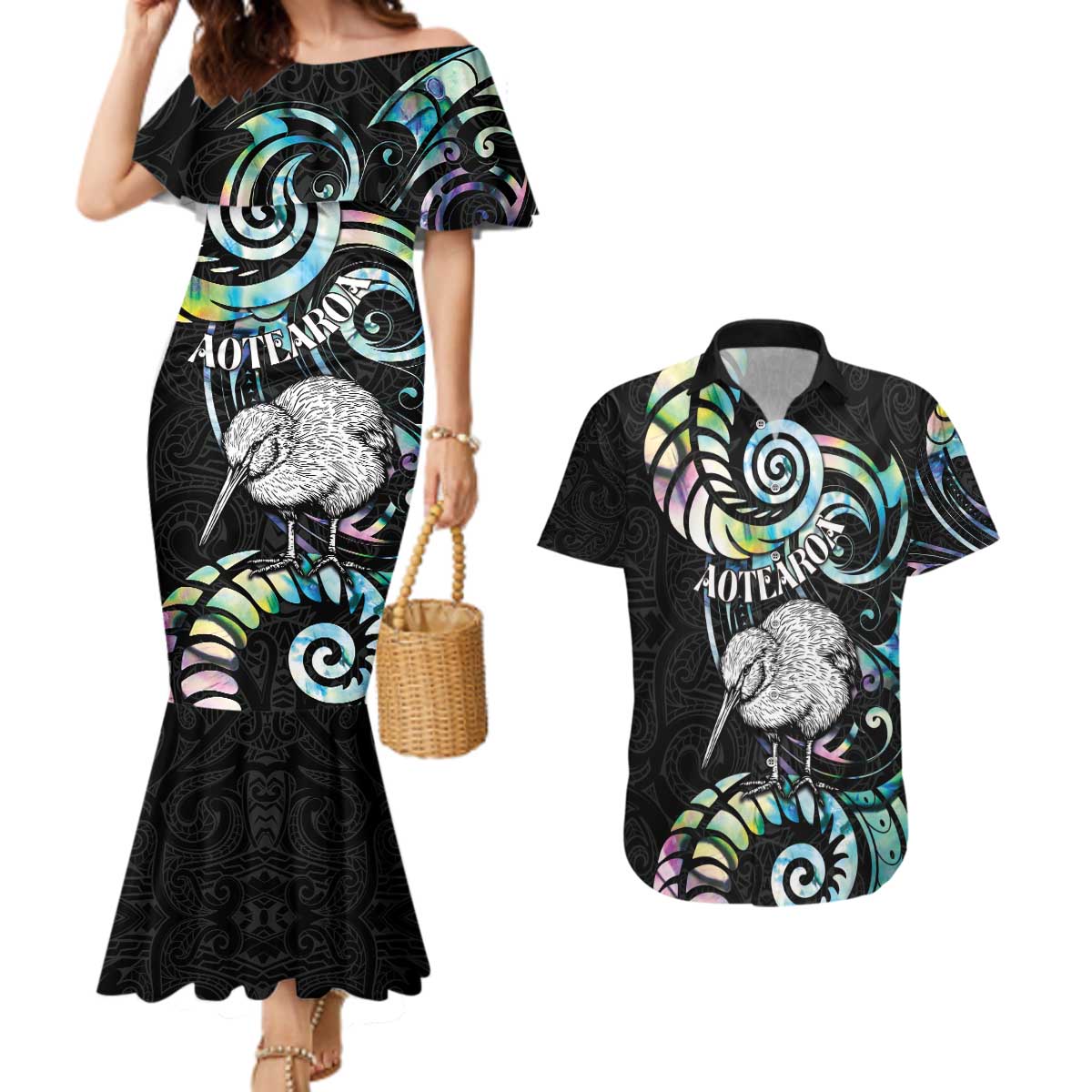 New Zealand Kiwi Bird Couples Matching Mermaid Dress and Hawaiian Shirt Silver Fern Koru Paua Shell
